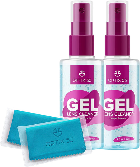 Gel Lens Cleaner Kit, (2) 2oz Eye Glasses Cleaner Gel Spray + (2) Microfiber Cleaning Cloths, Safe for All Lenses (4oz