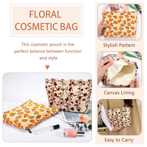 2Pcs Daisy Flower Makeup Bag, Large Floral Cosmetic Pouch Set for Women, Portable Toiletry Bag