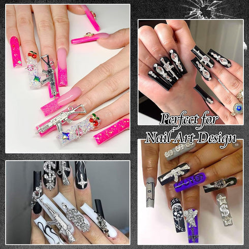 RODAKY 50PCS 3D Cross Gun Nail Charms, Gold Dollar Sign Nail Art Jewelry, Multi Style Nail Gems for Manicure