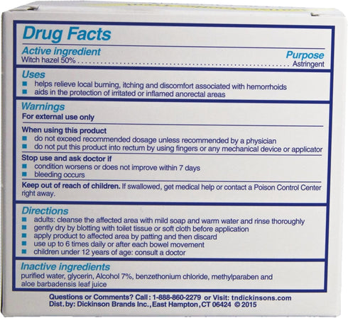 T.N. Dickinson's Hemorrhoidal Pads with Witch Hazel and Aloe, Clear, 100 Count
