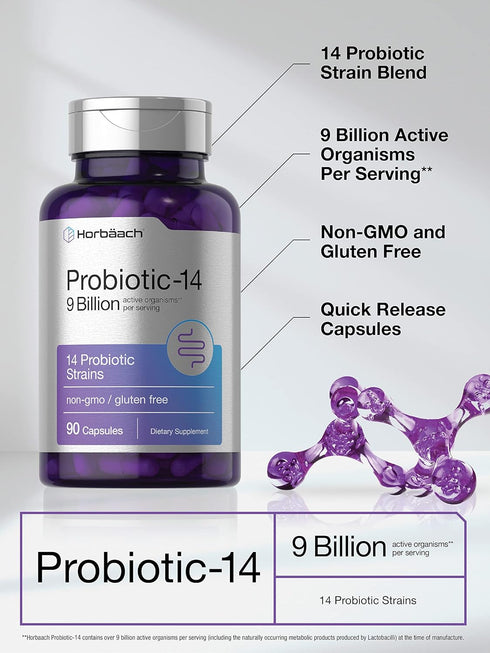 Horbaach Probiotics for Women & Men | 9 Billion CFU | 90 Capsules | 14 Strains | Non-GMO & Gluten Free