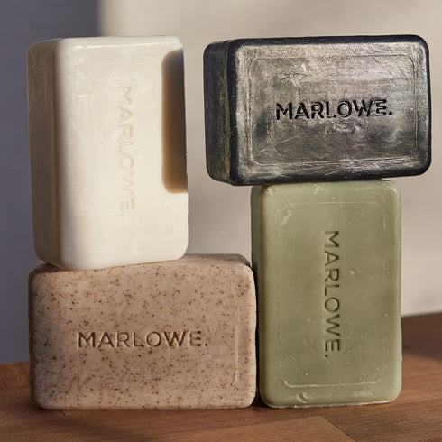 MARLOWE. Soap Discovery Gift Set, Men's Skin Care Variety with Exfoliating Body Scrub, 4 Pack