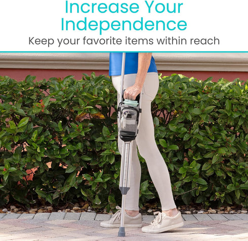 Vive Crutch Accessories Bag - Pouch for Crutches, Accessory Storage Carry Kit with Cup and Bottle Pocket Holder, Gray