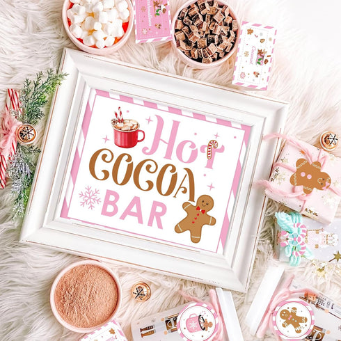 Hot Cocoa Bar Kit Pink Hot Cocoa Bar Banner Cute Gingerbread Man Sign Oh Snap Toppings Tent Cards Cup Tags Stickers