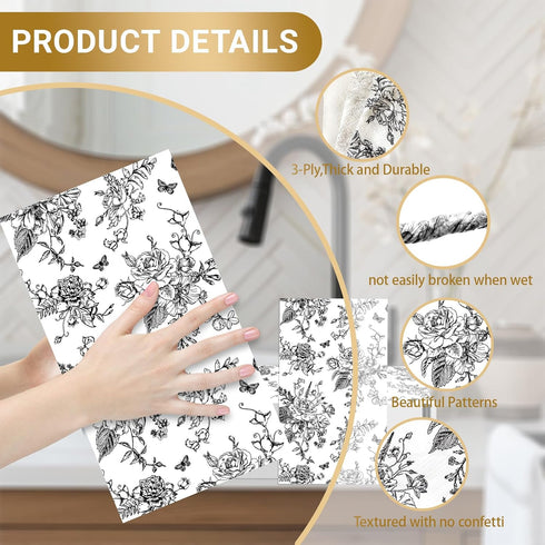 SMUAENSS 100 3-Ply PCS Black Napkins Disposable, Black White Wildflower Paper Napkins Paper Towels Home Party Guest