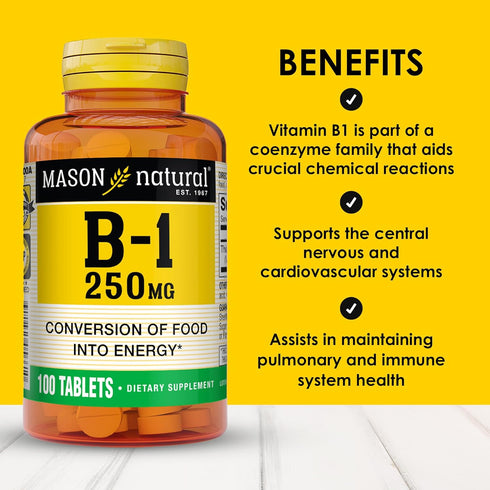 MASON NATURAL Vitamin B1 Thiamine 250 mg, 100 Day Supply Dietary Supplement, Easy to Swallow Tablets
