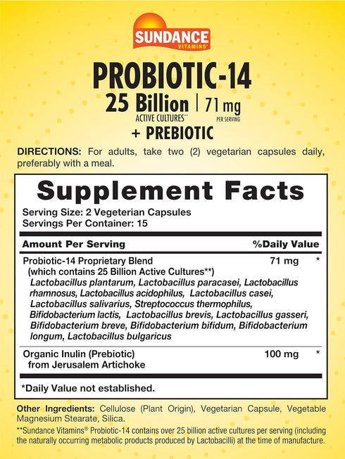 Sundance Probiotic-14 | 25 Billion Cultures | 30 Capsules | with Prebiotics | Vegetarian, Non-GMO, and Gluten Free Supplement