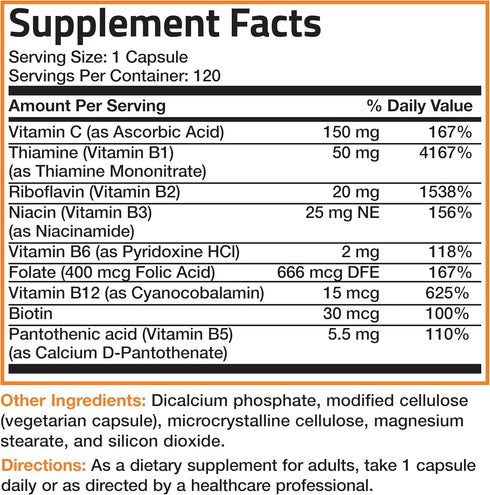 Immune 120 Bronson Vitamin B Complex with Vitamin C - Health, Energy Support & Nervous System Support - Non-GMO