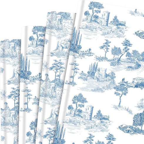 Bolsome 12Pcs French Style Wrapping Paper, Blue White Vintage Village Printed Gift Wrap Paper for Wedding Birthday DIY