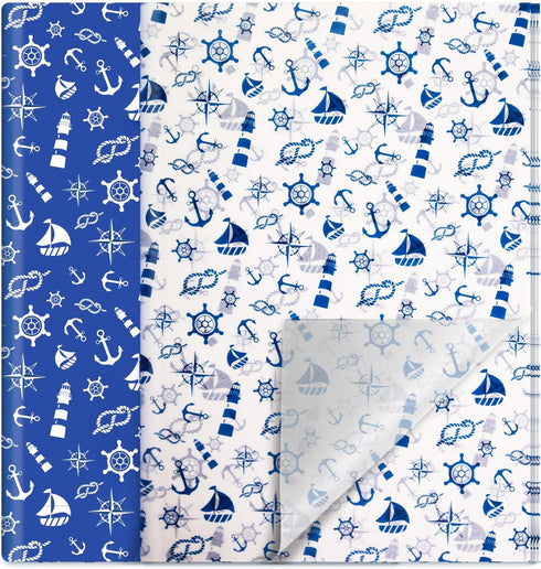 HolyMaji 50 Sheets Nautical Printed Tissue Paper - 20 x 26" Anchor Design Decorative Gift Wrapping for Birthday Party