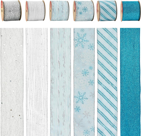 HUIHUANG Blue Ribbon for Christmas Tree, 2-1/2" x 6 Rolls, Blue and Silver Wired for Home Decor