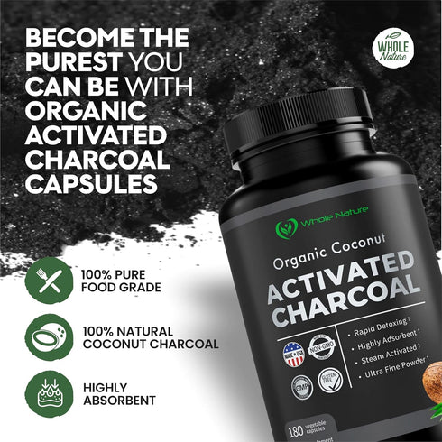 Pure Coconut Activated Charcoal Capsules, 180 Charcoal Pills for Teeth Whitening, Bloating, Body Cleansing, Vegan