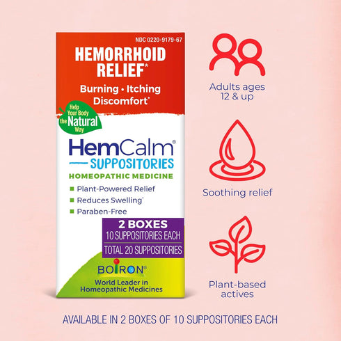 Boiron HemCalm Suppositories for Hemorrhoid Pain Relief, Itching, Swelling, Discomfort - 10 Count (Pack of 2)