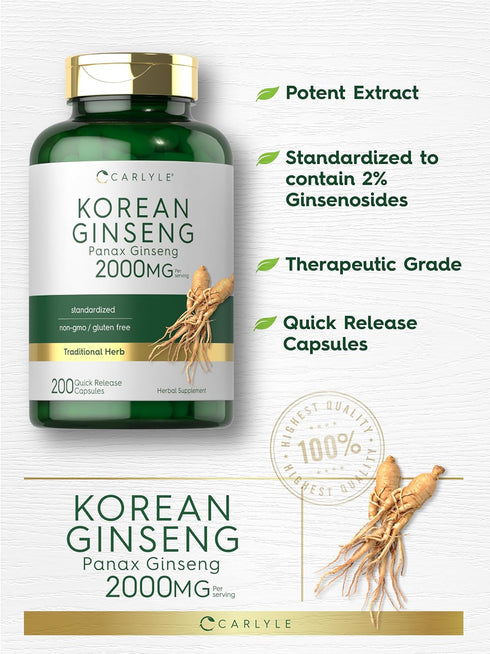 Carlyle Korean Ginseng Extract Capsules, 2000 mg, 200 Capsules, Non-GMO, Gluten Free Panax Ginseng Supplement