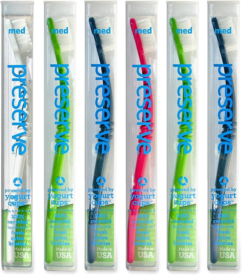 Preserve Toothbrushes with Travel Case, Medium Bristles, (Pack of 6) (Colors Vary)