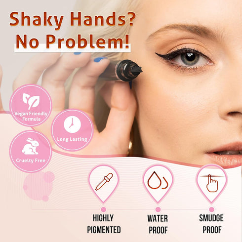 Winged Eyeliner Stamp - 2 x Black Liquid Eyeliner Pens, Easy Cat Eye Stencil Tool, SmudgeProof & Waterproof