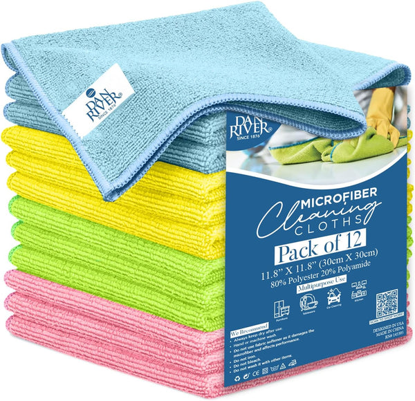 DAN RIVER Microfiber Cleaning Cloth - 12 Pack Economy Bundle, Soft Absorbent Rags for Cars, Glasses, Kitchen