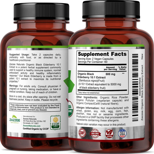 Zazzee USDA Organic Black Elderberry 10:1 Extract, 5000 mg Strength, 120 Vegan Capsules, 2 Month Supply