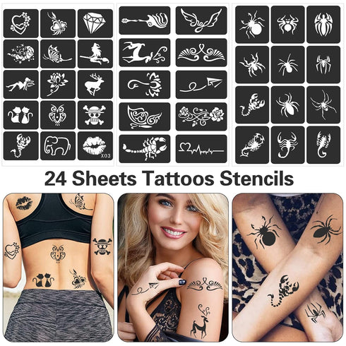 Tattoo Stencils For Kids Teens Adults - 24 Sheets Henna Tattoo Stencil Kit with 400 Designs