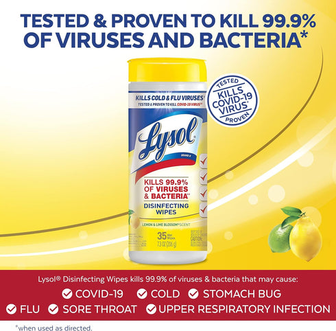 Lysol Disinfectant Wipes, Multi-Surface Antibacterial Cleaning Wipes, Lemon and Lime Blossom, 35 Count (Pack of 3)
