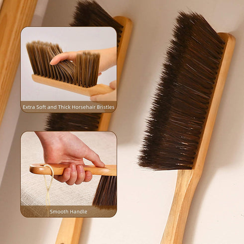 Hand Broom, Soft Horsehair Upholstery Brush with Handle, Dust Broom for Furniture, Couch, Counter, Bed Cleaning