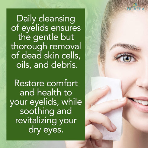 NOVEHA 60PCs Tea Tree Oil Eyelid & Lash Wipes, Hyaluronic Acid, Green Tea & Chamomile, Natural Makeup Remover