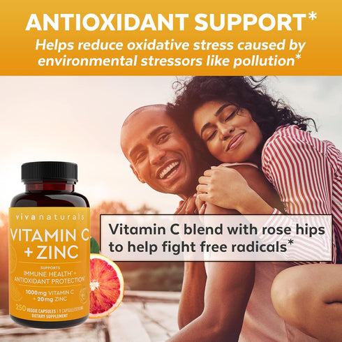 Viva Naturals Vitamin C 1000 mg and Zinc 20 mg Supplement (250 Capsules) for Immune Support, Plant Based
