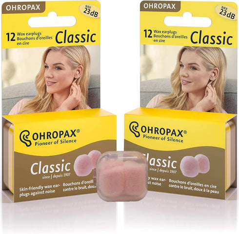 Ohropax Reusable Wax/Cotton Ear Plugs - 24 Plugs Total with Clear Carrying Case