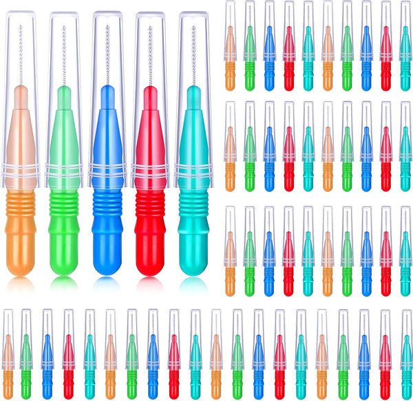 Patelai 50 Pieces Interdental Brush Toothpick Dental Flossing Head Oral Hygiene Tool (Red, Blue, Green, Orange)