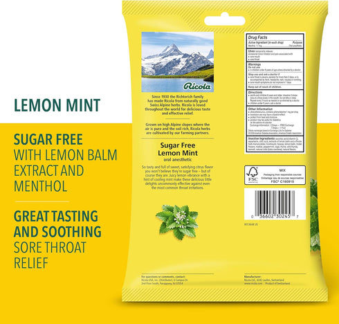 Ricola Sugar Free Lemon Mint Throat Drops, 45 Count - Refreshing Relief for Throat Irritations