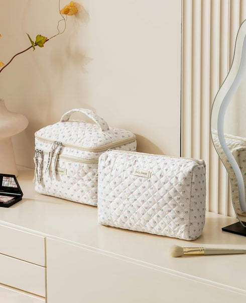 HBselect 2Pcs Double Layer Travel Makeup Bag, Large Cotton Quilted Makeup Bag, Aesthetic Cute Kawaii Cherry Design
