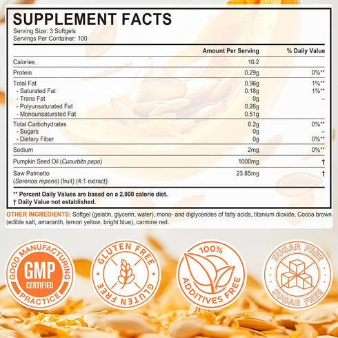 Mcukv 1000mg 300Pcs Pumpkin Seed Oil with Saw Palmetto, per Serving, Cold Pressed Pumpkin Seed Oil Capsules for Hair