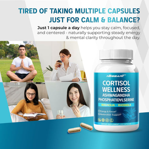 NESSARIT 14-in-1 150 Count CORTISOL Wellness Ashwagandha Natural Blend with Phosphatidylserine Magnolia Rhodiola St.