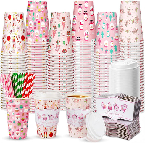 Jingmore 120 Sets 16oz Disposable Paper Coffee Cups with Lids Sleeves Straws Holiday