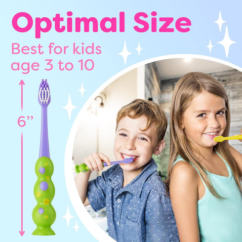 Kids Toothbrush 4 Pack, Soft Bristles with Suction Cup, Multi-Color, Child Sized Brush Heads for Ages 3-10