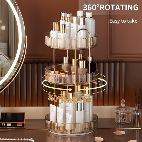 YCIA&DONE 360 Rotating Makeup Organizer - 3 Tiers High Capacity Cosmetic Skincare Perfume Storage for Vanity, Amber Gold