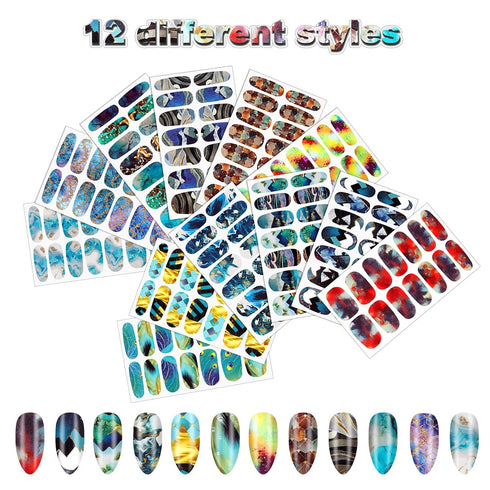 Maitys 168 Pcs Nail Stickers, 12 Sheets Full Wrap Polish Strips, Glitter Self Adhesive DIY Gel Nail Decals with 1