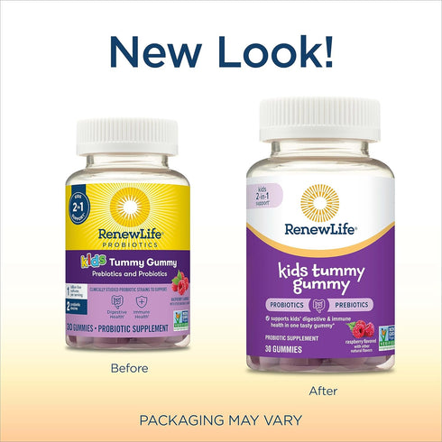 Renew Life Kids Raspberry Prebiotic and Probiotic Gummies, Daily Supplement for Digestive and Immune Health, B. Coagulans and B. Subtilis, Dairy, Soy and gluten-free, 1 Billion CFU 30 Count