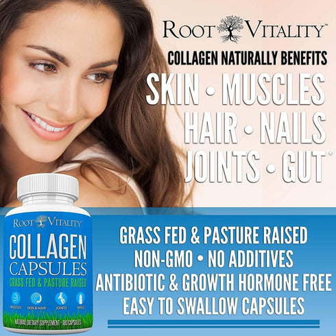 Collagen Peptides Capsules - Grass-Fed Hydrolyzed Protein Supplement for Skin, Hair, & Nails, 180 Capsules