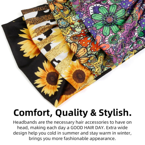 Huachi 4 Packs Boho Headbands for Women: Wide Sunflower Thick Elastic Hairbands for Sport Yoga