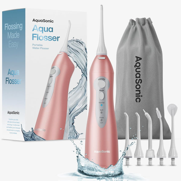 AquaSonic Water Flosser, Cordless Rechargeable for Teeth Cleaning, Waterproof Portable Oral Irrigator with 5 Jet Tips