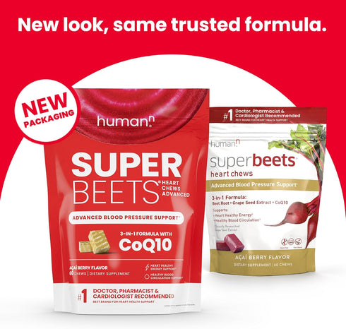 humanN SuperBeets Heart Chews - 100mg CoQ10 with Beetroot & Grape Seed Extract, 60 Count