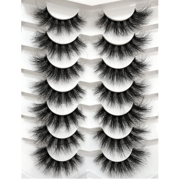 Pooplunch 7 Pairs Pack False Eyelashes Faux Mink Cat-Eye Look 18MM Wispy Long 8D Volume Fake Eyelash Strips