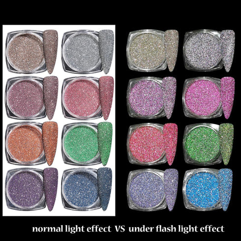 Reflective Glitter Powder Set, 8 Colors Sparkle Diamond Nail Glitter Dust, Silver Pink Purple Green Loose Nail Supplies