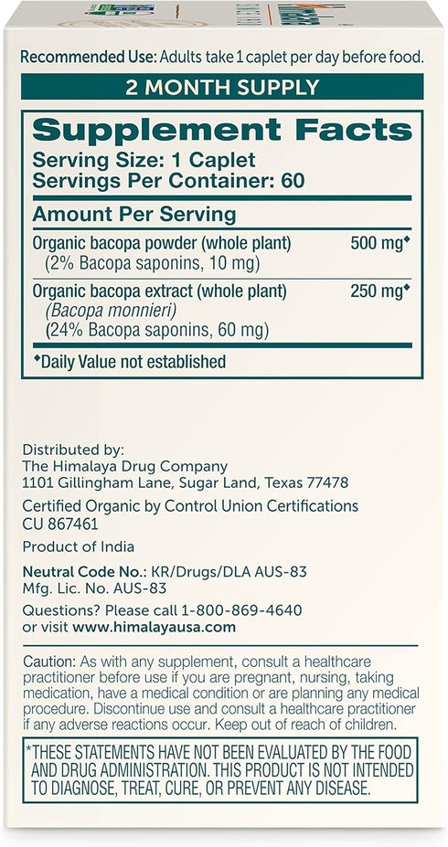 Himalaya Organic Bacopa Monnieri Nootropic Herbal Supplement, 750 mg, 60 Plant-Based Caplets
