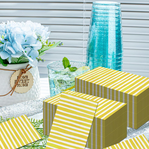 KTHONIOMANTE 200PCS 2 Pack, 4.5x8 Inch Yellow & White Stripe Guest Napkins, Ply Disposable Paper Striped Dinner Hand