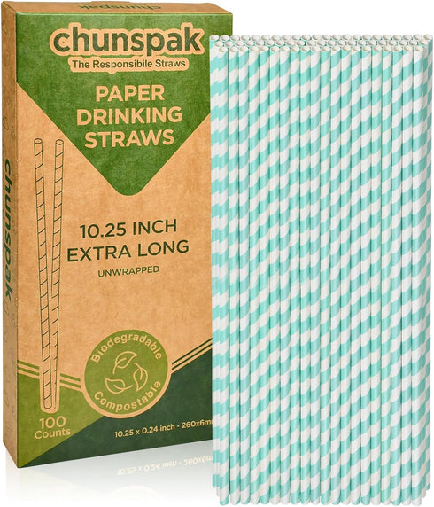 Aqua Paper Straws 10 Inch Extra Long for Tall Drinks, Baby Shower, Parties, Cocktails - 100 Counts