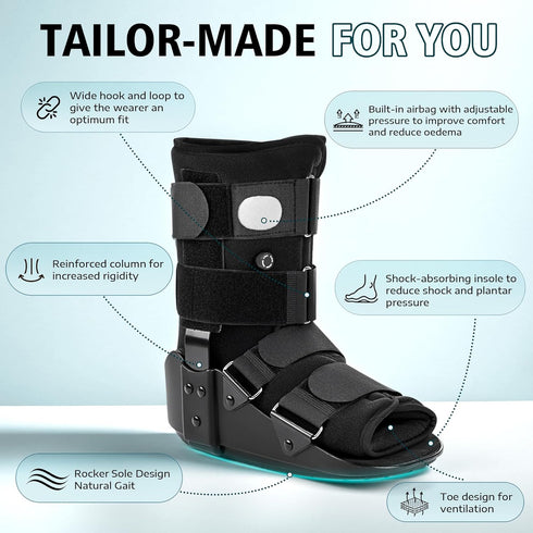Medibot 6-10'', Advanced Walking Boot for Ankle Injuries & Fractures Adjustable Air Splint with Pump, Medium Black