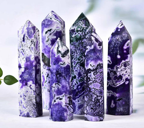 AMOYSTONE Purple Moss Agate Stone Tower - Obelisk Healing Crystal Rock Point Wand, Reiki Healing Gifts, 1.1-1.7 LBS