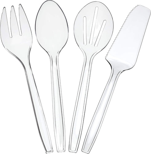 Plasticpro Disposable Plastic Serving Utensils Set of 36, Clear Heavyweight Forks, Spoons, Knives, Sifting Spoons